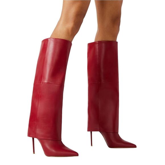 Steve Madden Leather Size 6.5 Red Stiletto Heel Pointed Toe Knee Fold Over Boots - Picture 1 of 9